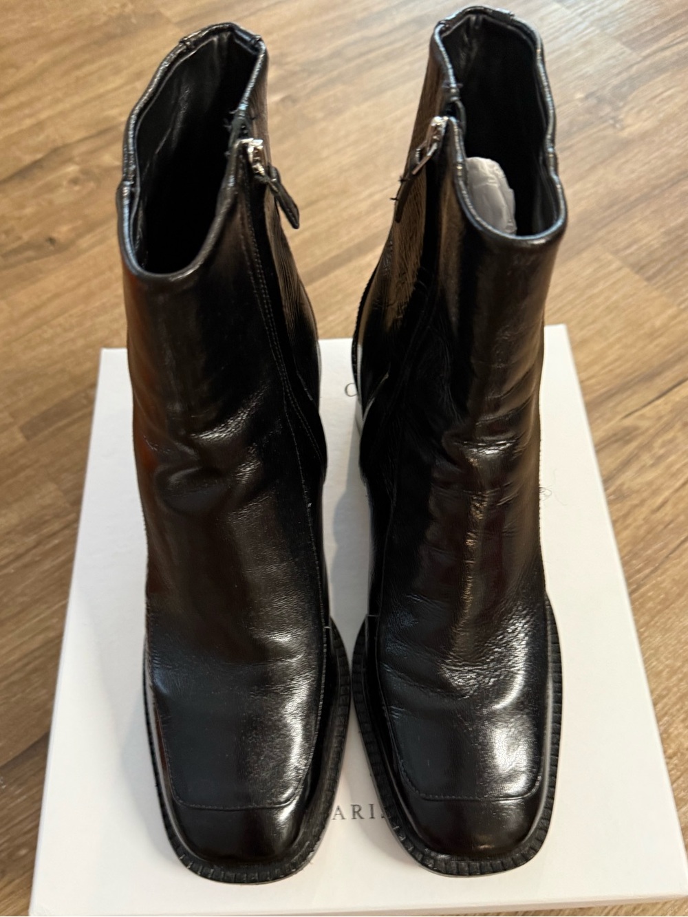 SANDRO Black Leather Zip Ankle Boots - Stylish Square Toe